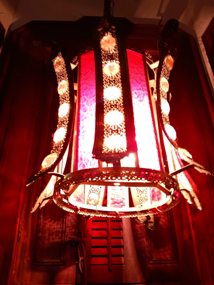 Vintage 1960's Hanging Swag Light Lamp Chandelier Iridescent Crystals - Image 3 of 3