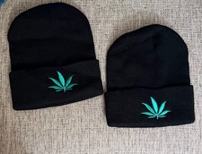 Pot Weed Marijuana Black Green Leaf Embroidered Beanie Stocking Cap Hat. S/M