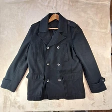 Black Rivet Jacket Mens Large Black Pea Coat Military Wool Blend Double Breasted
