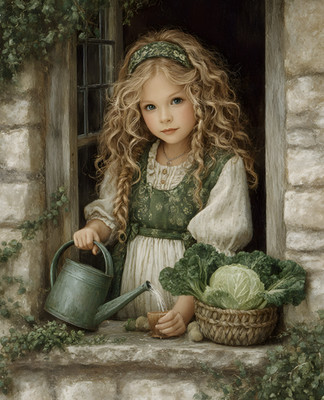 8x10 Little Girl Watering Vegetables Art Print - 941103849