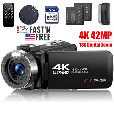 Video Camera 4K 30fps Digital Camcorder 42MP 18X Zoom w/ LED Fill Light & Remote