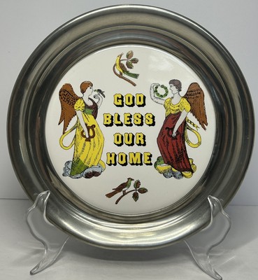 God Bless Our Home Pewter Ring Ceramic Plate 8  Number 827 Rare HTF Angels Birds