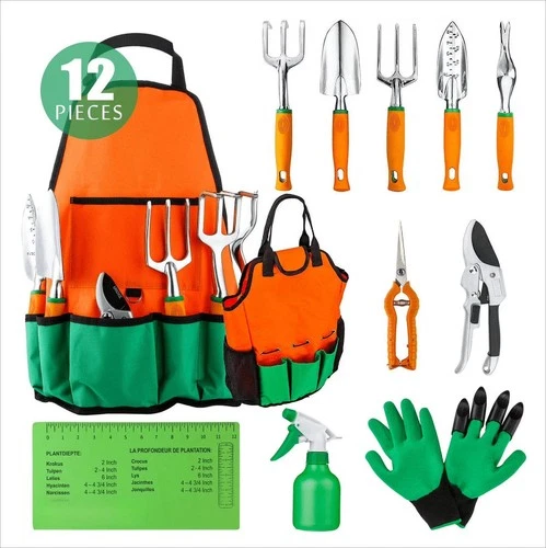 12 Piece Aluminum Garden Tools Set, Gardening Apron with Storage Pocket