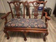 Vintage Carved Mahogany Chippendale Claw Foot Settee. Reupholstered.