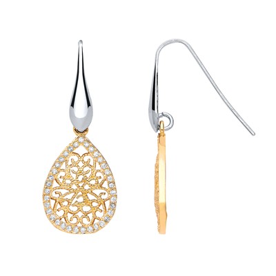 Gilded Silver Jewelco London CZ Filigree Tears of Joy Drop Earrings