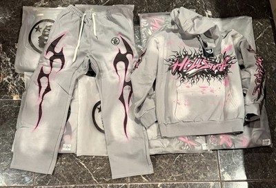 Hellstar Gray Pink Black Graphic Tracksuit Hoodie & Pants Set