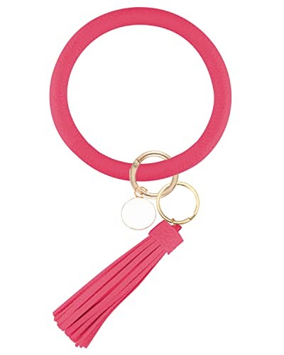 Weixiltc Large Keychain Bracelet with Tassel, Circle Leather Wristlet Rose Red