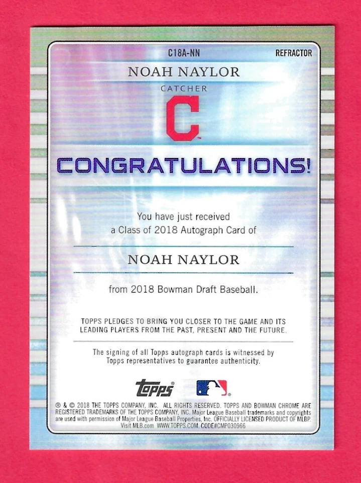 NOAH NAYLOR 2018 Topps Bowman Chrome Draft Class Of AUTO REFRACTOR /250 C18A-NN - Image 2 of 2