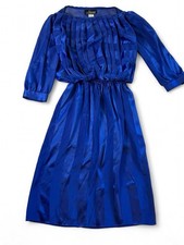VTG Alexis blue striped satin dress, pleated bodice, Made in USA. Size 6.