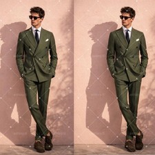 Olive Green Men's Suits Double-Breasted Peak Lapel Formal Business Fit 2 Pieces