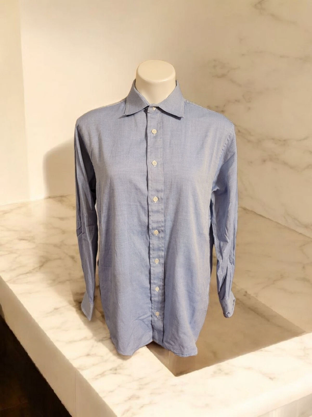 Camicia elegante Burberry manica lunga 2 strati 100% cotone blu con bottoni taglia 16 33