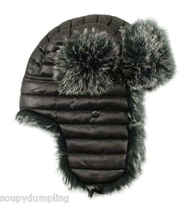 BLACK WARMEST WINTER SKI TRAPPER FAUX FUR HUNTER HAT -WEAR w 