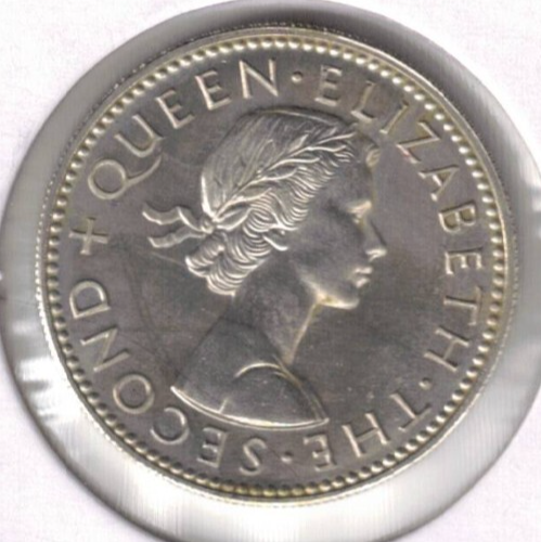 1965 New Zealand Brilliant Uncirculated Shilling QEII & Crouched Māori Warrior - Afbeelding 2 van 2