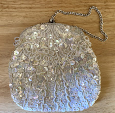 VINTAGE EVENING FORMAL BAG PURSE IVORY W/SEQUIN  BEADING SILVERTON HARDWARE