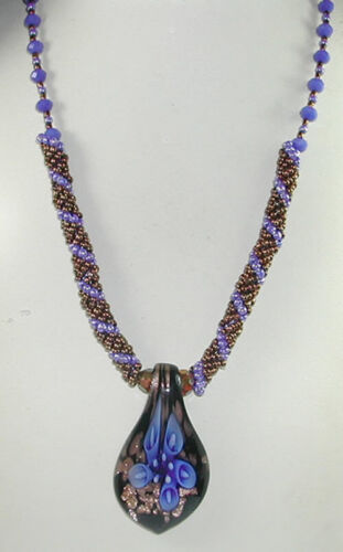 Blue & Bronze Lampwork Floral Pendant on Seed Beads and Crystal Necklace - Picture 1 of 1