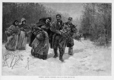 NEGROES GATHERING CHRISTMAS EVERGREENS HORSE SNOW SLED WOODS HARPER'S WEEKLY