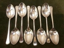 8 Vintage Cooper Brothers Dessert Spoons Feather Edge pattern Silver plated