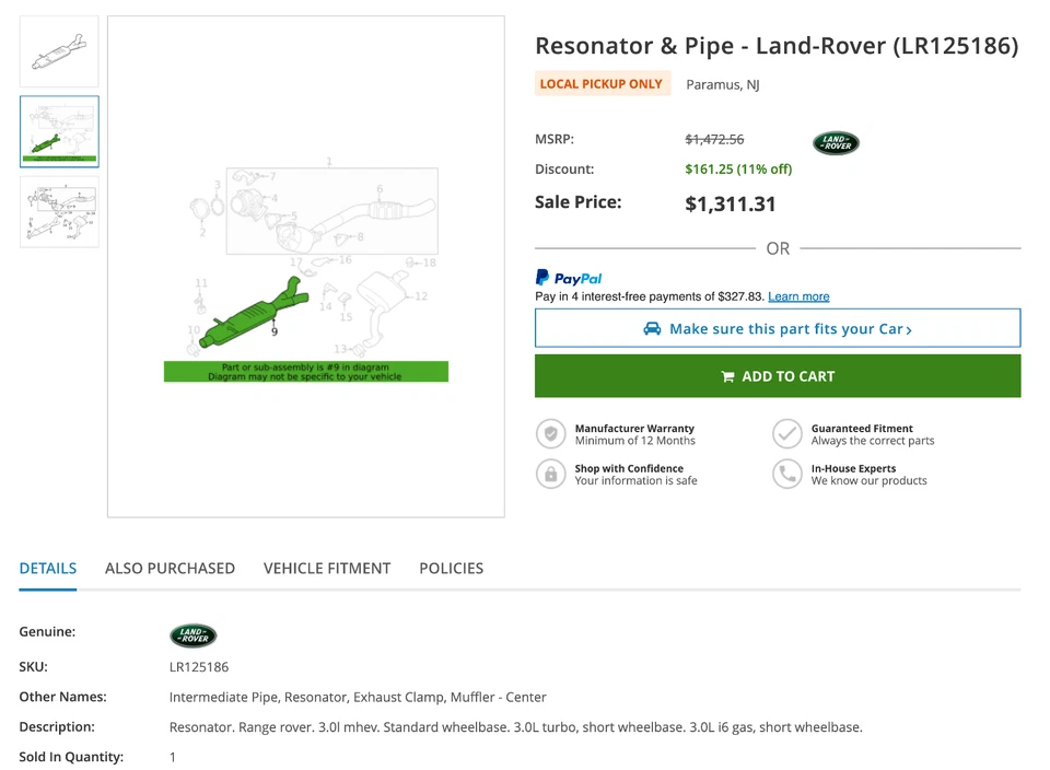 New OEM 2020-2022 Range Rover Sport 3.0L Resonator & Pipe Land Rover LR125186 Foto 2 de 4