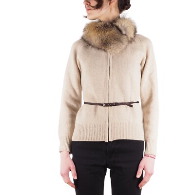 PRADA Women's Vintage Beige Wool Fur Leather Belted Zip Sweater