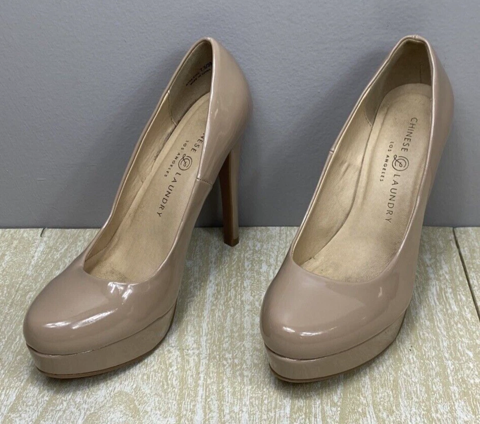 Zapatos de tacón de aguja con plataforma beige tostado desnudo charol lavandería chino 7,5 Foto 2 de 4