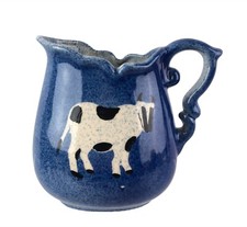 Calico China Blue Spongeware Ceramic Cow Milk Pitcher Scalloped Rim 6.5"