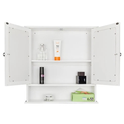 Double Door Mirror Indoor Bathroom Wall Mounted Cabinet Shelf White - Picture 3 of 10