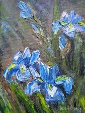 The original oil painting - Blue irises. Favorite Flower. Palette knife, impasto