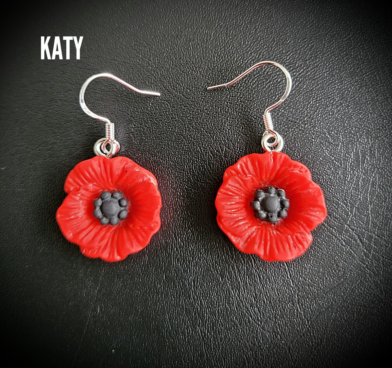 Stamped 925 Silver Hook Red Poppy Flower Earrings Drop Vintage Look