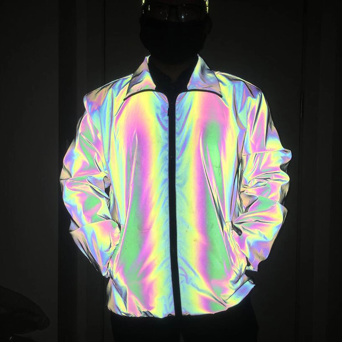 Glow Rainbow Hip Hop Jackets Black Reflective Jacket For Light