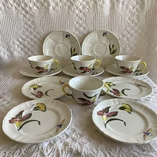 Longchamp Floral 13 Cups Saucers Dessert Sugar Hand Painted France Dishware RARE