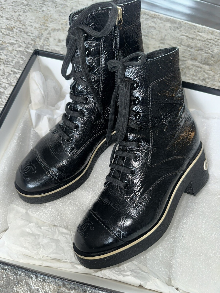 Chanel 21C Black Patent White Logo Combat Lace Up Tie Ankle Chanel 21C Black Patent White Logo Combat Lace Up Tie Ankle