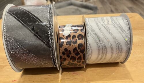 Lot de 3 nouveaux rubans de Noël polyester filaire léopard argent noir paillettes - Photo 1/3
