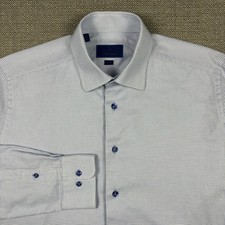 David Donahue Men's Shirt 17 34 35 Long Sleeve White Blue 100% Cotton Embroidery