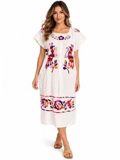 Vintage Oaxaca Mexican Peacock Embroidered Huipil Dress Boho Folk Art White OS