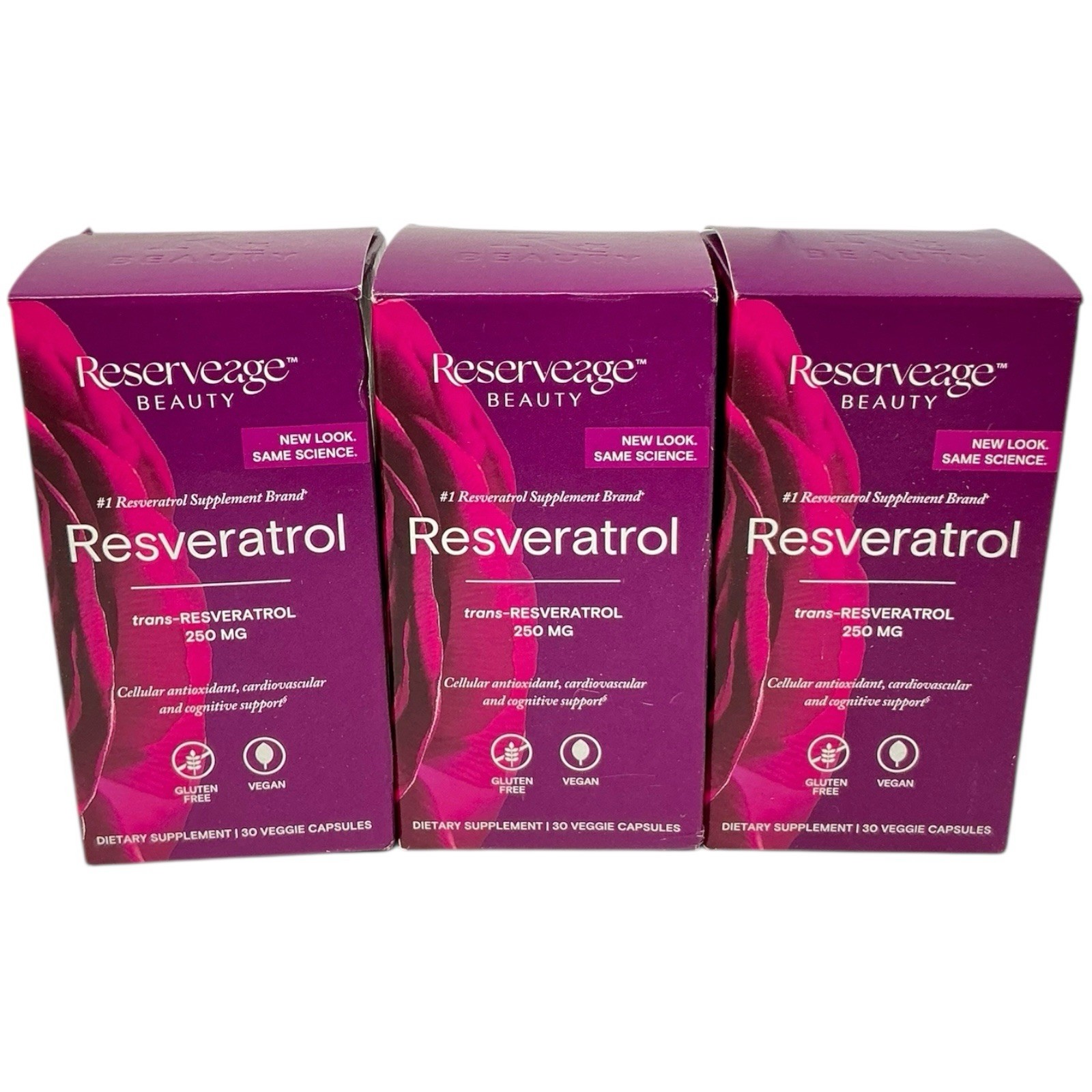 Lot of 3-Reserveage Beauty Resveratrol 250mg 30 Caps Each Exp: 12/2026
