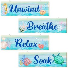 4 Pcs Wooden Ocean Beach Bathroom Decor Relax Soak Unwind Breathe Wall Art