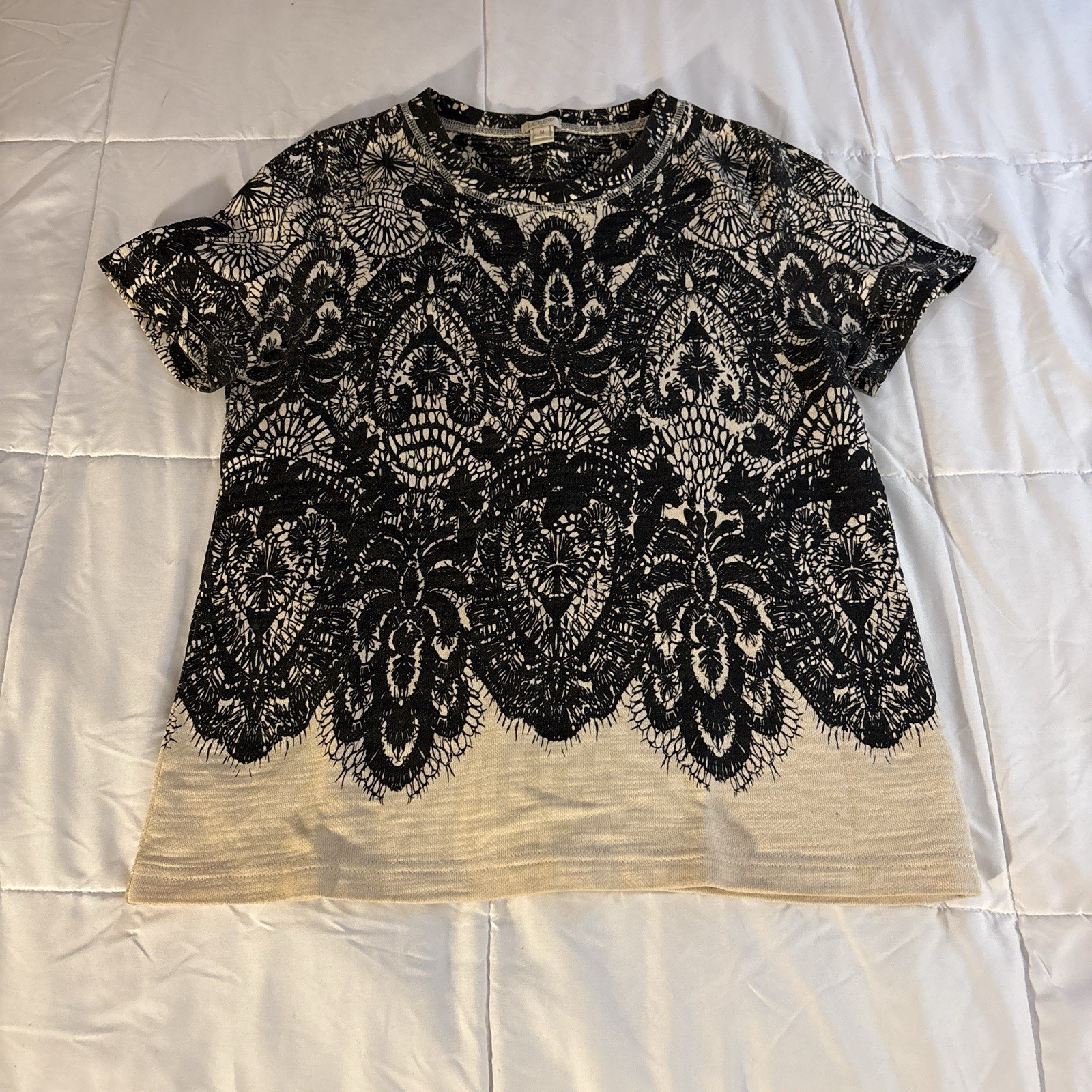 J.CREW Black Beige Floral Lace Crew Neck Pullover Top Short Sleeve Women’s M