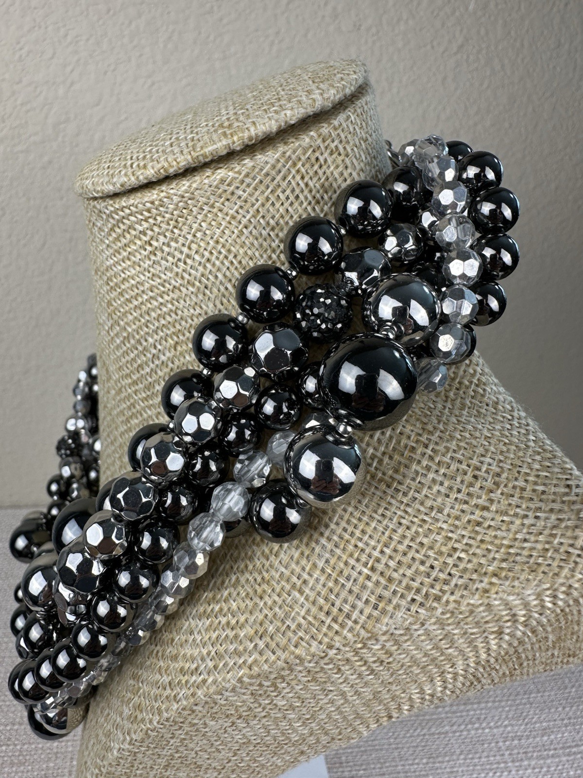 Chunky Statement Necklace Silver Gray Varying Bea… - image 5