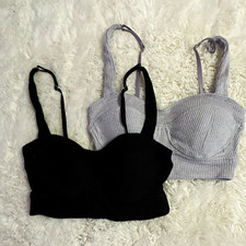 2-Pack Ribbed Knit Wireless Pullover Bralette Bra Set Black Gray S
