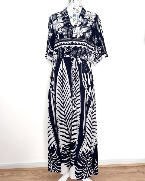 Joop & Gypsy Maxi Shirt Dress Size 10 Navy White Floral Button Up Pockets