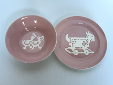 Harker Pottery Cameoware PINK Children's Plate and Bowl Ducks Riding Toy