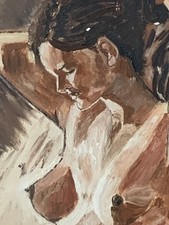 Tableau ancien huile sur toile portrait jeune femme nue buste drapage signé