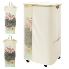 Rolling Laundry Hamper with Lid & Wheels, 110L Slim Double White Laundry Hamp...