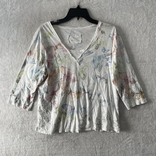 Coldwater Creek Womans Blouse Top White Butterfly Large Cotton 3/4 Sleeve V Neck