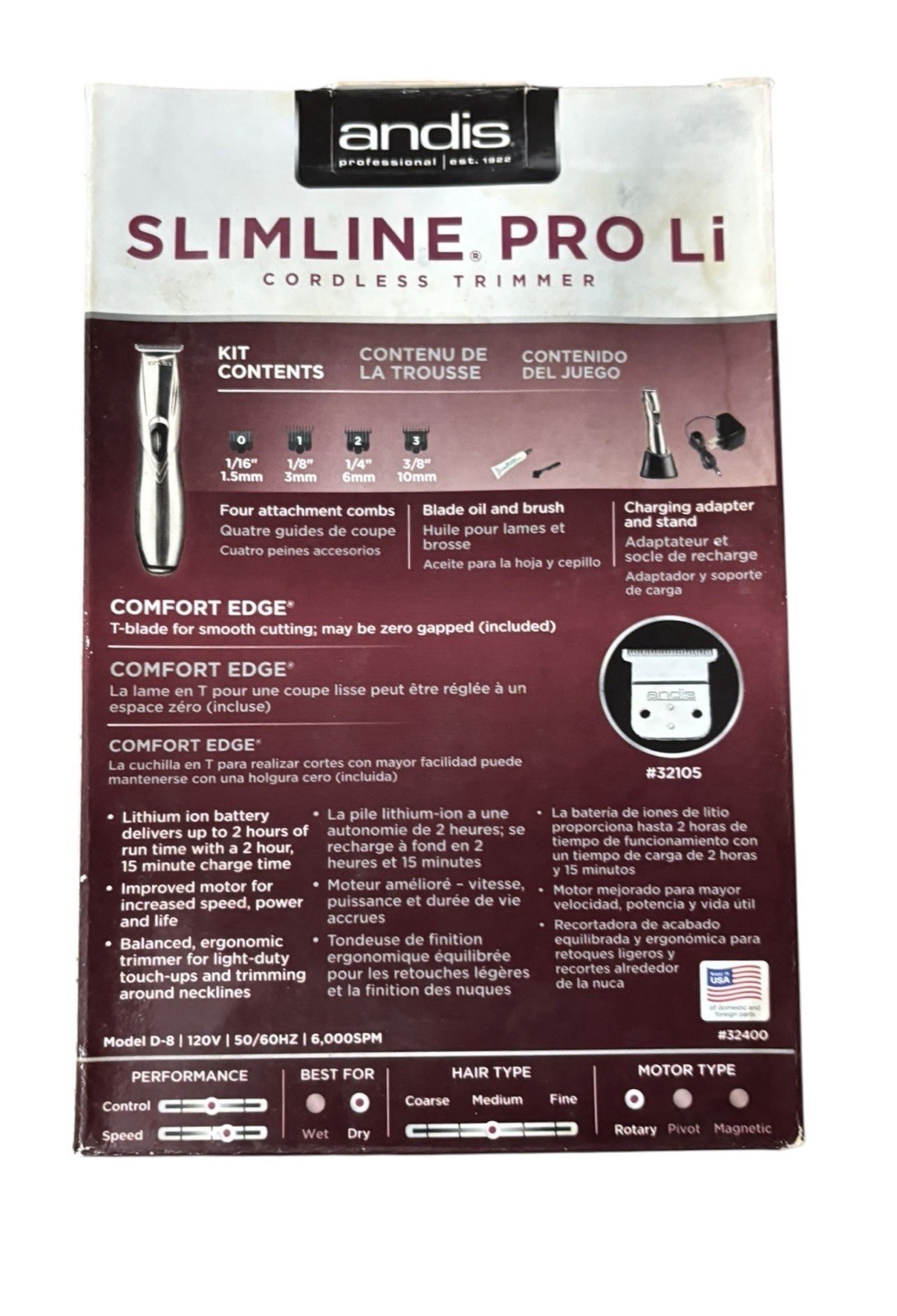 Andis 32400 Slimline Pro D-8 Li T-Blade Cord / Cordless Lightweight Trimmer 