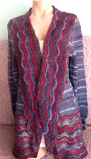 Shrug cardigan, L, knit, textured crochet, multicolor, collar, ramie