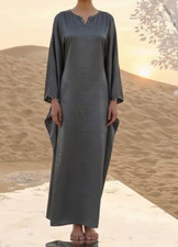 Elegant Grey Satin Kaftan Dress with Pearl Neckline Modest Maxi Abaya BNWT
