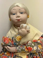 VINTAGE RUSSIAN TEA COZY CLOTH DOLL W/ TEA CUP FLORAL DRESS FOLK ART