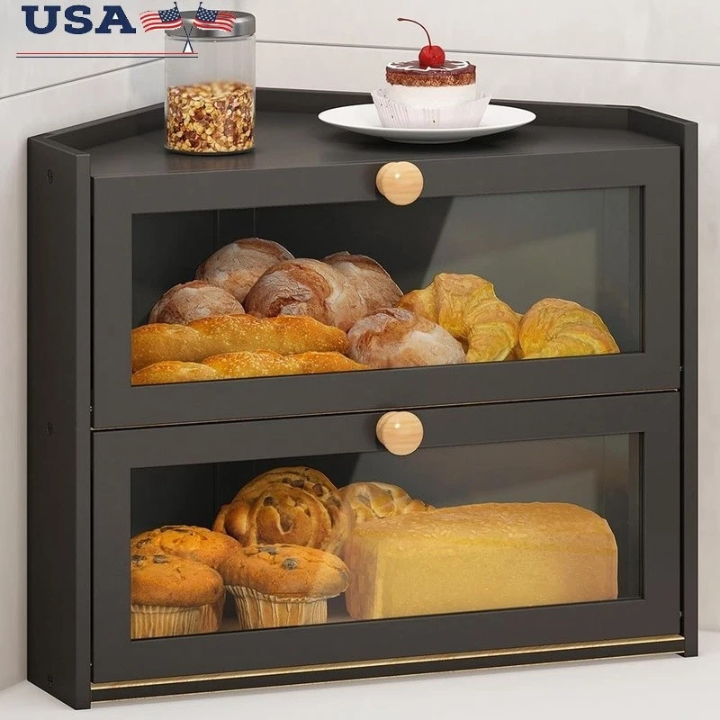 Large Capacity Corner Bread Box Eco Friendly Bamboo Storage Keeps Bread Fresh US