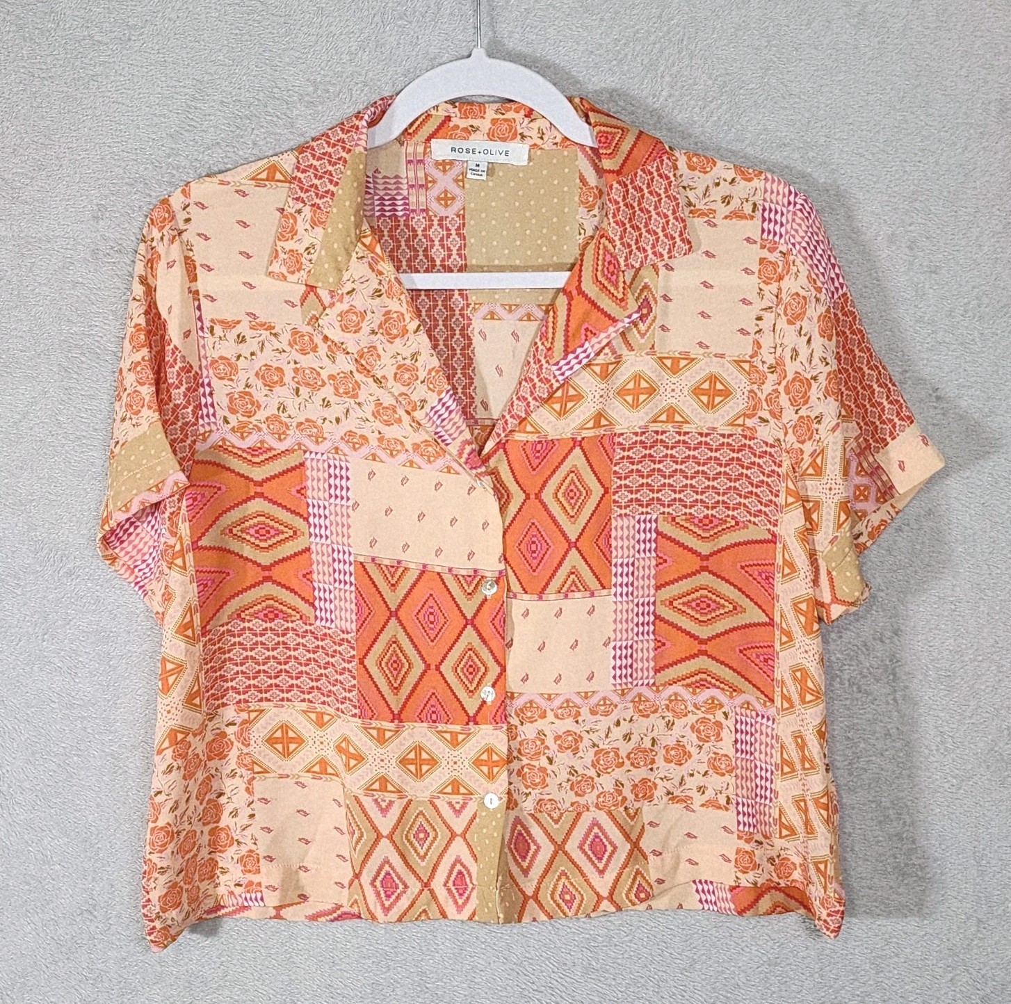 Rose Olive Button-Front Patchwork Sheer Blouse Orange Womens Size M  